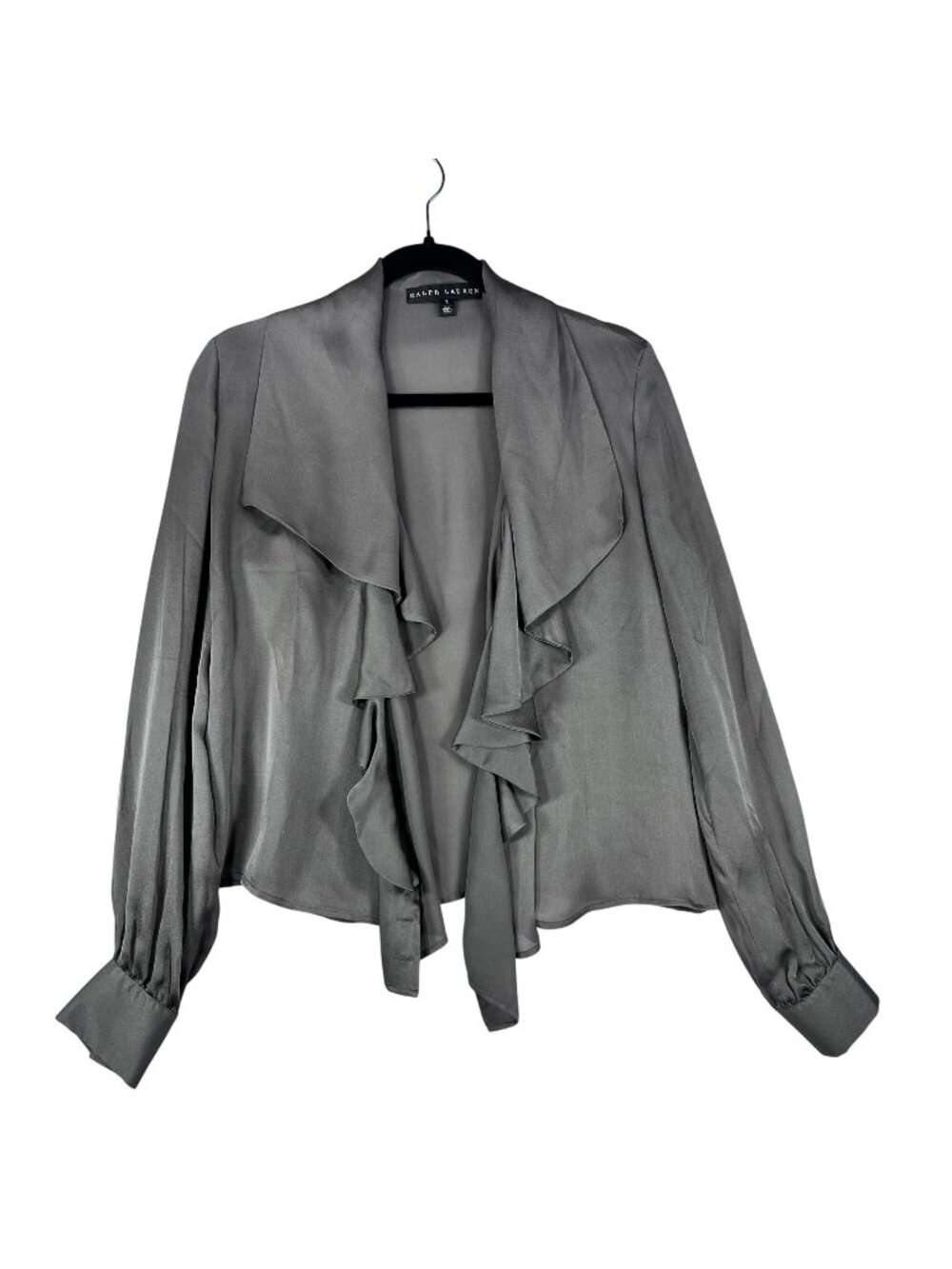 Ralph Lauren Black Label Silk Blouse Jacket Gray Ruffle Open Front Size 2